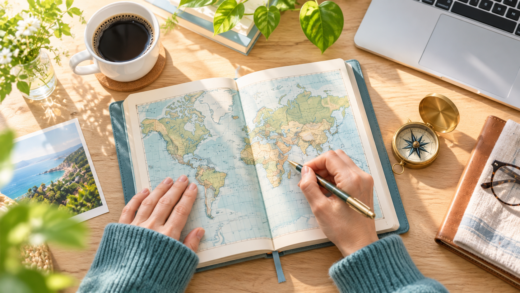 朝の光が差す机で地図を広げ、これからの一歩を考える手元