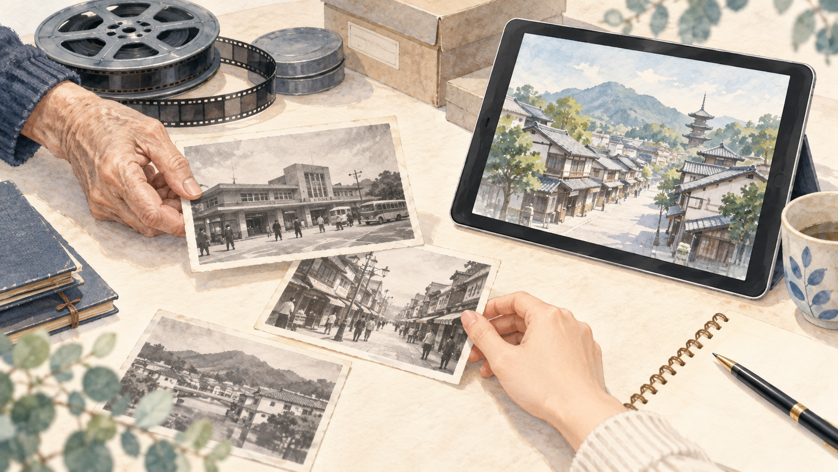 古い写真とタブレットを囲み、地域の記憶を次の世代につなぐイメージ