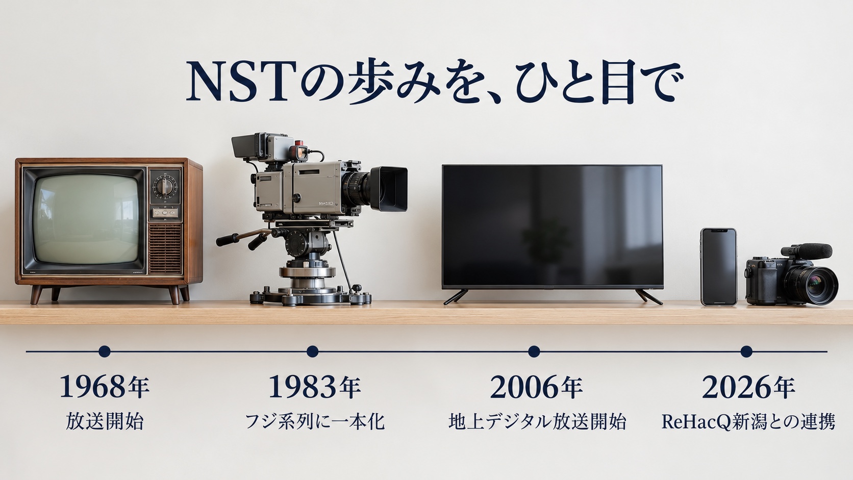 NSTの歴史をテレビやカメラの写真調イメージで示した年表