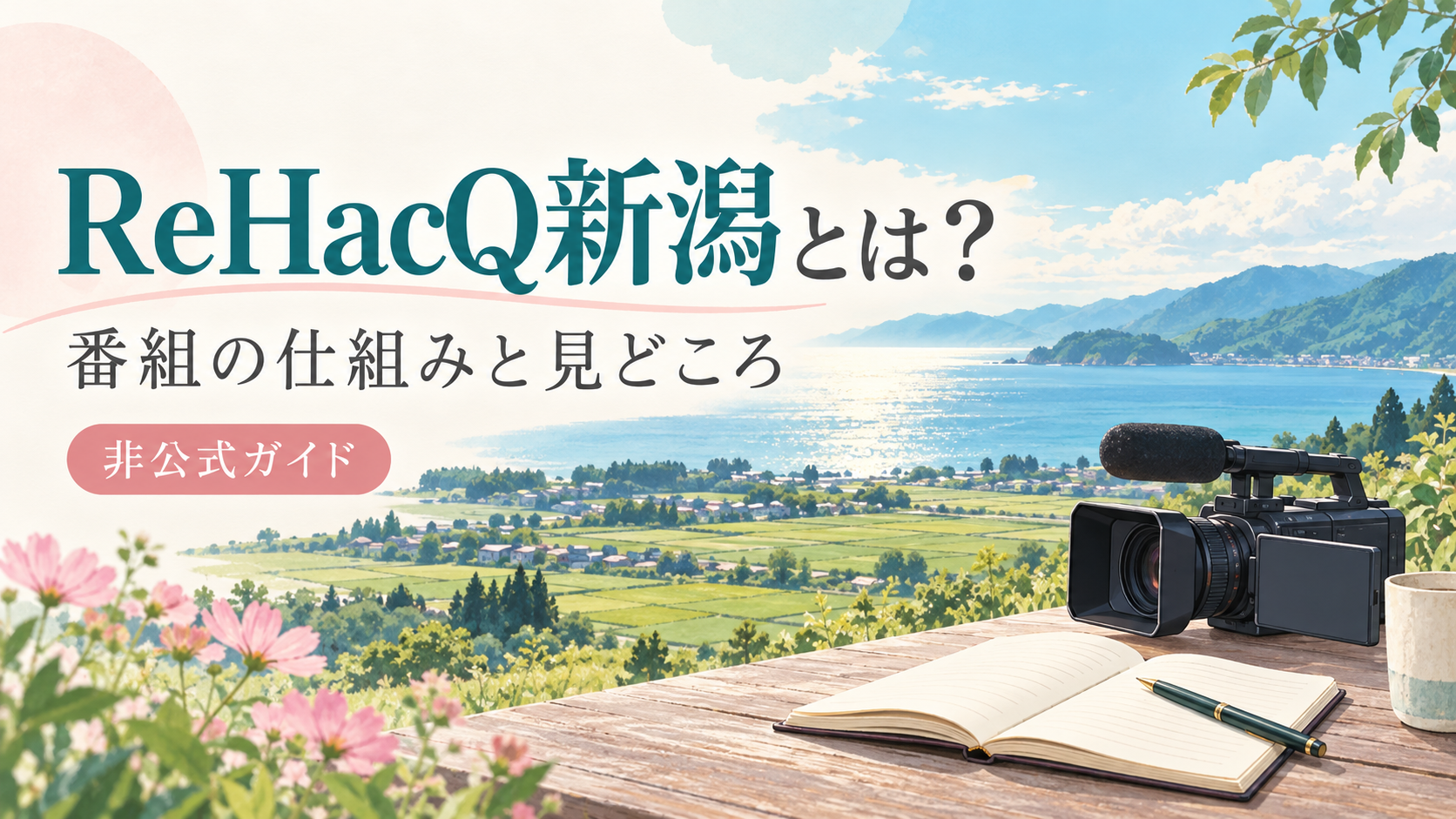ReHacQ新潟とは？番組の仕組みと見どころを紹介する非公式ガイド。海辺とカメラのイラスト。