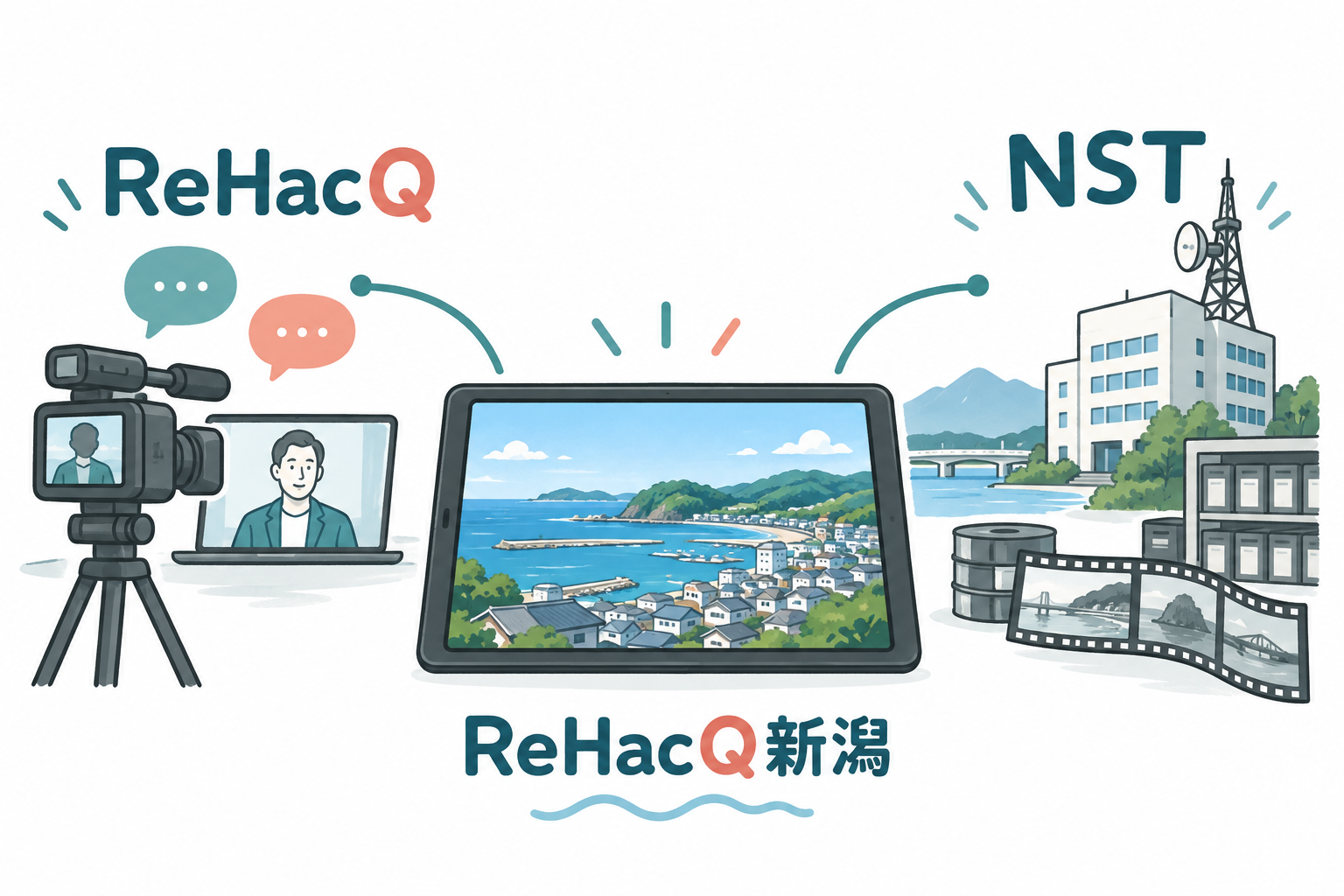 ReHacQの対話・取材とNSTの地域映像がReHacQ新潟につながるイメージ