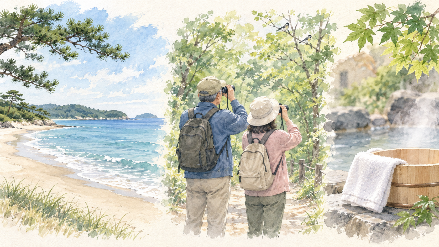 海辺、野鳥観察、温泉で休む休日の楽しみ方を描いたイメージイラスト