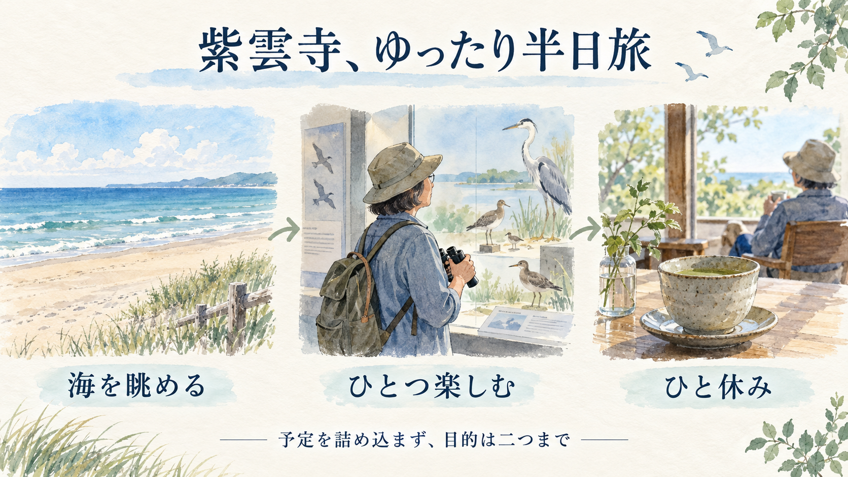 紫雲寺の半日旅の提案。海を眺める、ひとつ楽しむ、ひと休みの順に描いたイラスト
